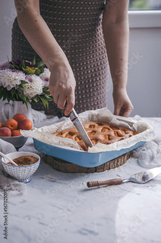 Woman slicing a baked apricot yogurt cake in a baking pan photo