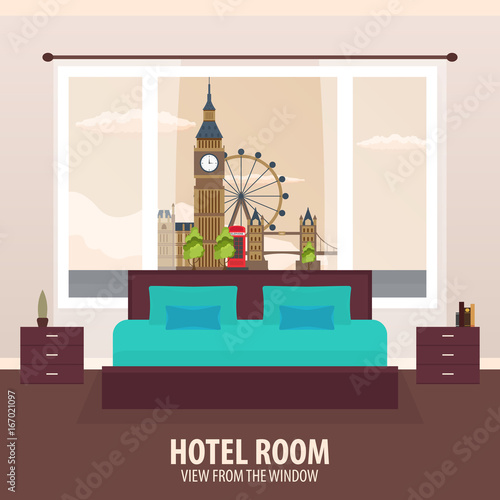 Hotel Room. View from the window. Travelling nad trip. Vector flat illustration.