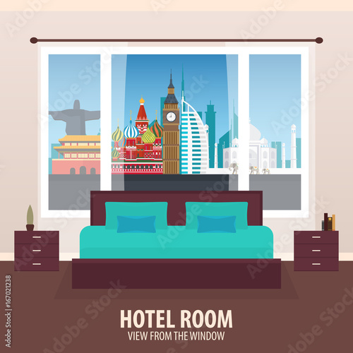 Hotel Room. View from the window. Travelling nad trip. Vector flat illustration.