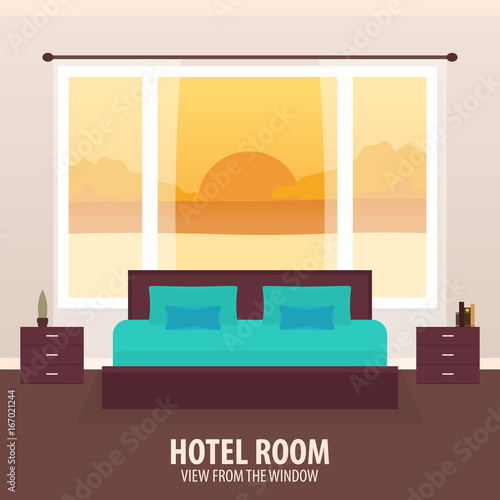 Hotel Room. View from the window. Travelling nad trip. Vector flat illustration.