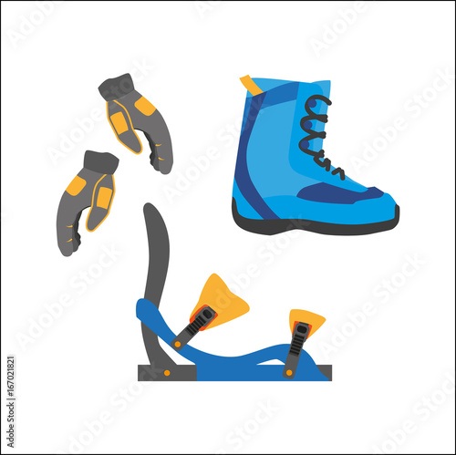 vector snowboarding equipment set - boots with bindings gloves flat icon. Isolated illustration on a white background. Snowboard, ski winter activity equipment, tools object design.
