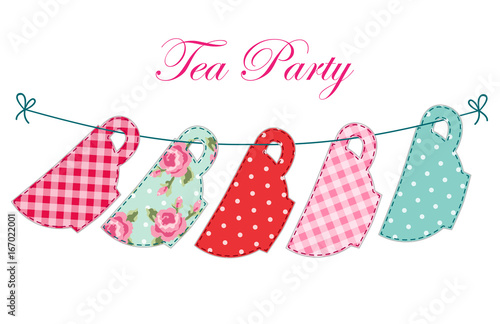 Cute garland of tea cups as retro applique for tea party