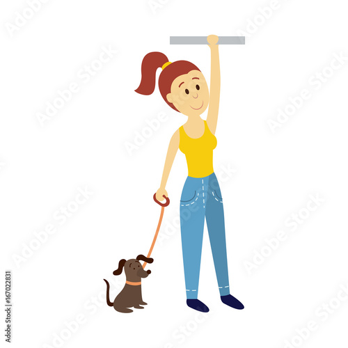 vector adult woman holds the handrail keeping dog leash in her hand. Flat cartoon illustration isolated on a white background Public transport - bus underground subway characters concept design