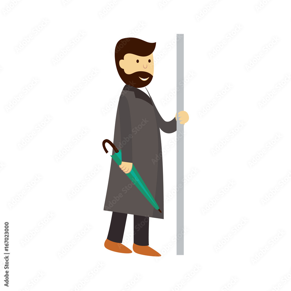 vector man in grey coat holds the handrail keeping closed umbrella in hand. Flat cartoon illustration isolated on a white background. Public transport - subway, bus characters concept design vector man in grey coat holds the handrail keeping closed umbrella in hand. Flat cartoon illustration isolated on a white background. Public transport - subway, bus characters concept design