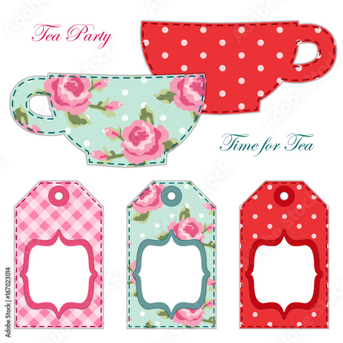 Cute applique of tea cups and stuff as retro elements for tea party
