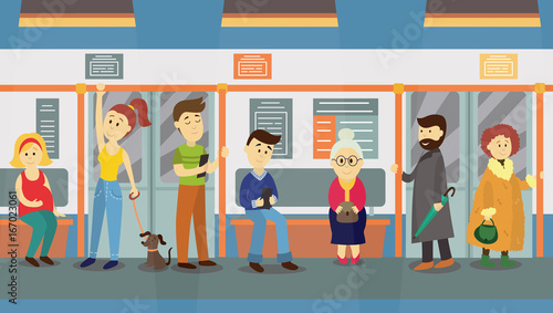 People in subway train car, sitting on seats, standing and holding handrails, cartoon vector illustration. Full length portrait of people, men and women, sitting and standing in subway train