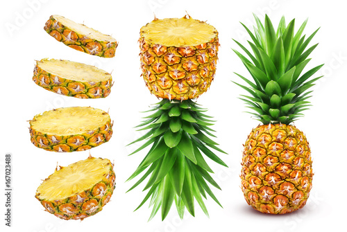 Whole and sliced pineapple isolated on white background