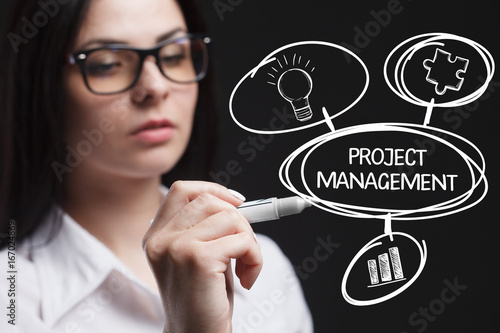 The concept of business, technology, the Internet and the network. A young entrepreneur working on a virtual screen of the future and sees the inscription: Project management