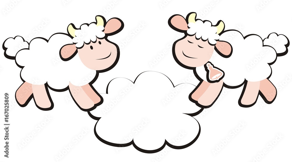 Sheep and ram, funny illustration. Banner, place for text at cloud. Vector icon.