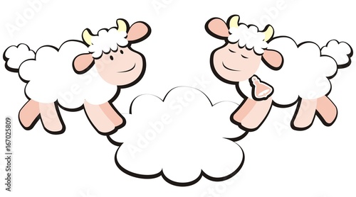 Sheep and ram, funny illustration. Banner, place for text at cloud. Vector icon.