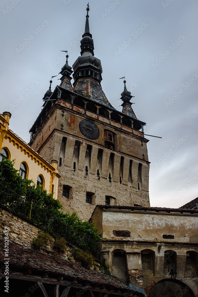 Ancient and medieval clock tower in Sighisoara town at Romania
