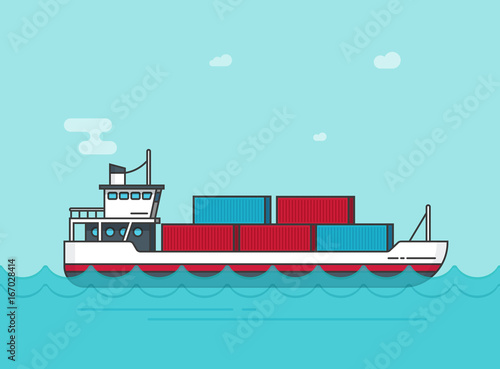 Cargo ship floating on ocean water vector illustration, flat cartoon big shipping freighter boat on sear waves carrying cargo containers line outline style, large vessel