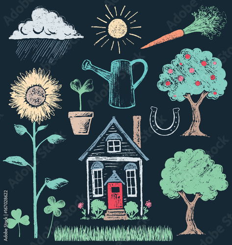 House and Garden Elements Chalk Drawing Vector Set