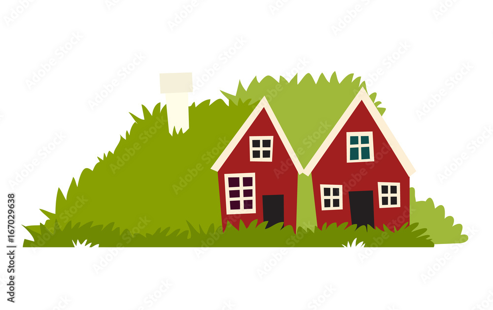Elves houses icon. Nordic cartoon fairy red house with green grass and moss. Icelandic nature. Vector illustration, isolated on white background