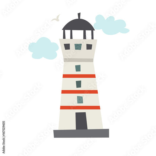 Lighthouse icon. Cartoon Icelandic lighthouse with clouds. Vector illustration, isolated on white background
