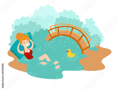 Blue lagoon Icelandic landmark vector icon. Cartoon woman swim at hot fountain. Vector illustration, isolated on white background