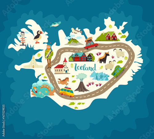 Iceland abstract map, handdrawn vector illustration. Travel illustration of Iceland with landmarks icons, nature, people and animals