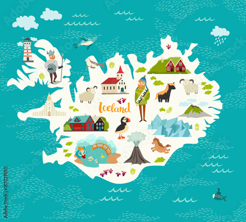 Cartoon map of Iceland for kid and children. Iceland landmarks vector cute poster. Illustrated card