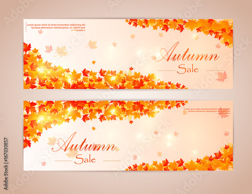 Collection of autumn sale and other typography flyer template with lettering. Bright fall leaves. Poster, card, label, banner design set. Vector