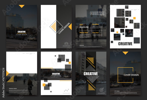 Abstract a4 brochure cover design. Templates for flyer, ad text font, info banner frame or title sheet model set. Modern vector front page art with urban city street texture. Yellow square figure icon