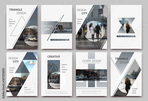 A4 brochure cover design. Templates for flyer, ad text font, info banner frame or title sheet model set. Modern vector front page art with urban city street texture. Patch triangle, round figure icon