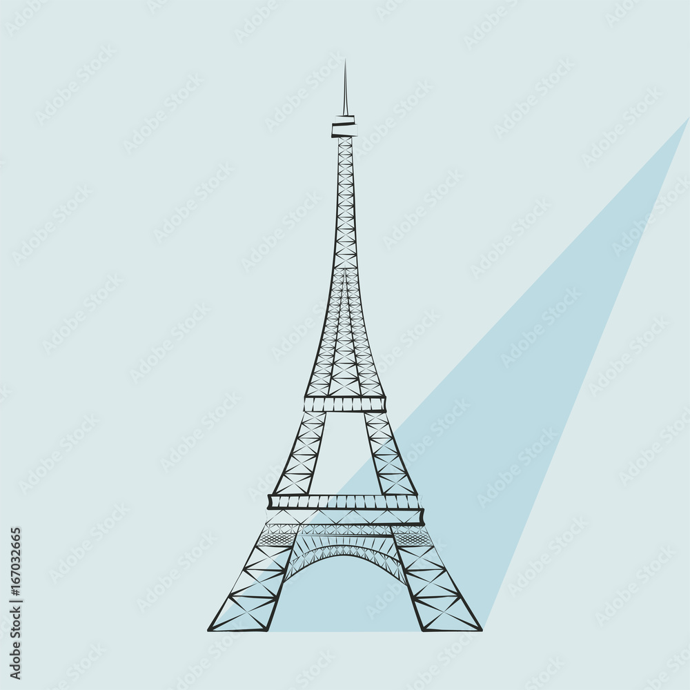 Black silhouette Eiffel Tower, Paris, isolated on blue background. Eiffel tower sign. Eiffel tower icon. Symbol of Paris and France. Design flat element. Vector illustration AI 10