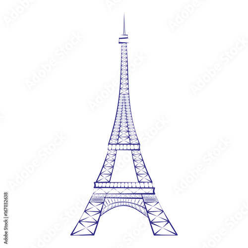 Blue silhouette Eiffel Tower, Paris, isolated on white background. Eiffel tower sign. Eiffel tower icon. Symbol of Paris and France. Design flat element. Vector illustration AI 10