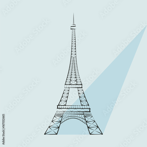 Black silhouette Eiffel Tower, Paris, isolated on blue background. Eiffel tower sign. Eiffel tower icon. Symbol of Paris and France. Design flat element. Vector illustration AI 10