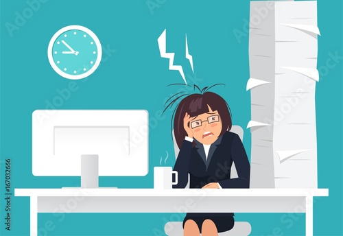 Young businesswoman is sitting at the table in the office and tired from paperwork. Vector illustration 