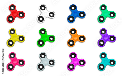 Fidget spinner in defferent colors collection. Set of hand rotation antistress toy. Twist bauble to making tricks.