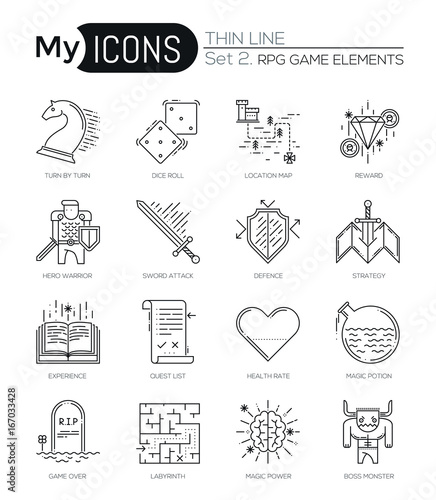 Modern thin line icons set of classic game objects, mobile gaming elements.