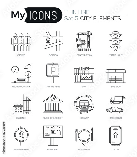 Modern thin line icons set of city elements