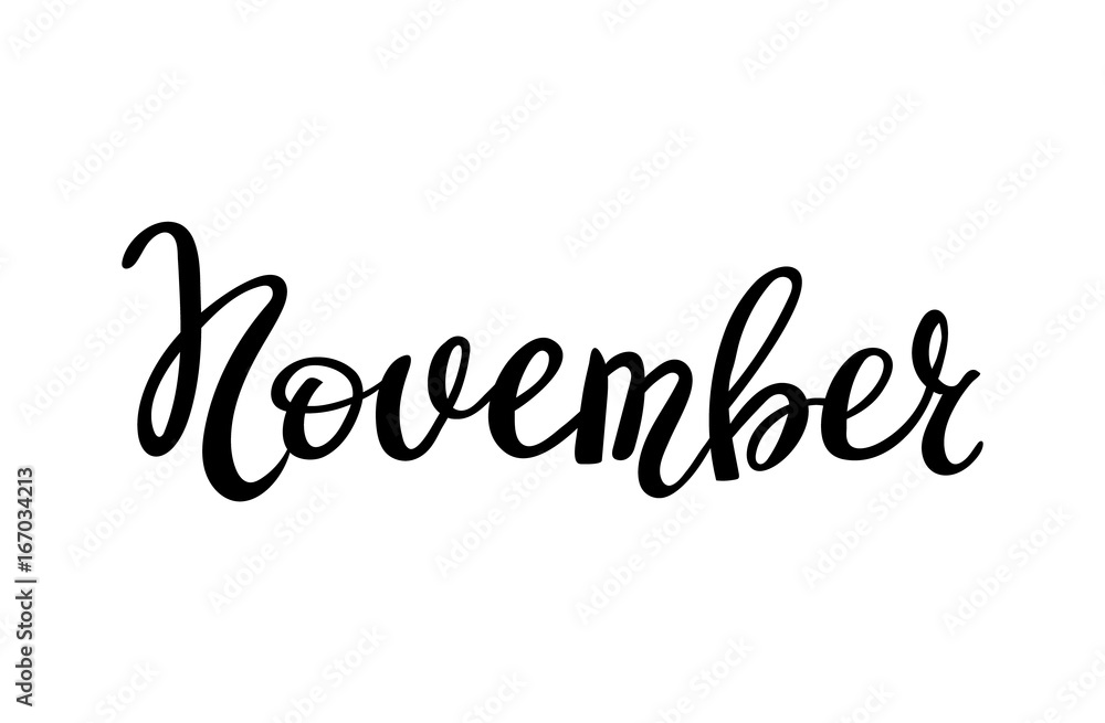Hand drawn typography lettering November isolated on the white background. Fun brush ink inscription for photo overlays, greeting and invitation card or t-shirt print design Hand drawn typography lettering November isolated on the white background. Fun brush ink inscription for photo overlays, greeting and invitation card or t-shirt print design