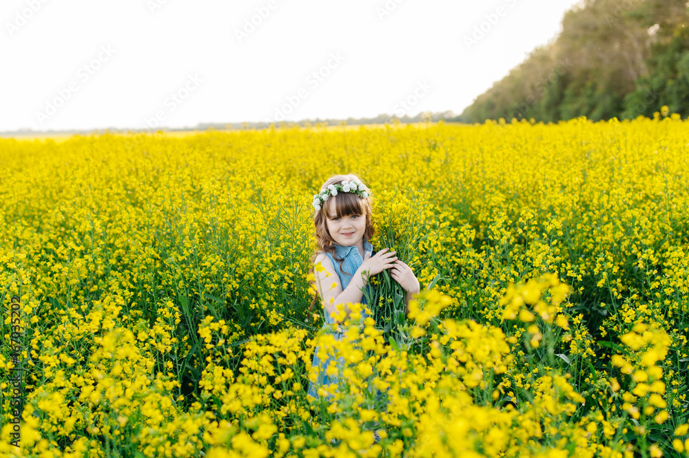 Fototapeta premium A young girl walks the yellow field