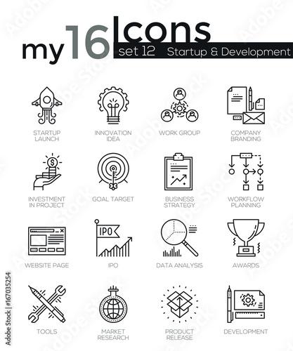 Modern thin line icons set of startup business and launch new product on market