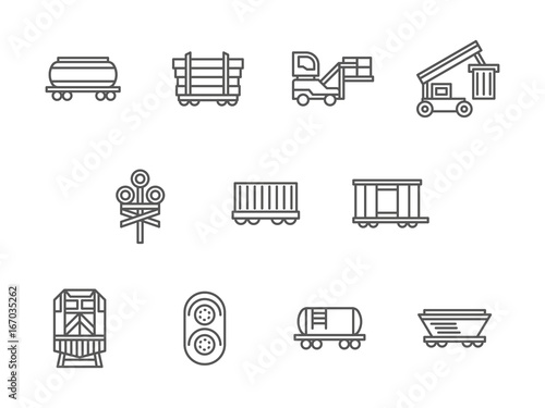 Railway freight black line vector icons set