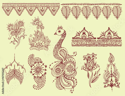 Henna tattoo brown mehndi flower doodle ornamental decorative indian design pattern paisley arabesque mhendi embellishment vector.