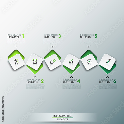 Infographic design template with timeline and 6 connected square elements in green color