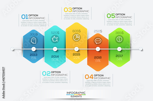 Infographic design template with timeline and 5 connected hexagonal elements