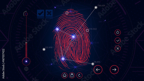 Fingerprint scanning identification system, futuristic sci-fi red interface, biometric authorization technology