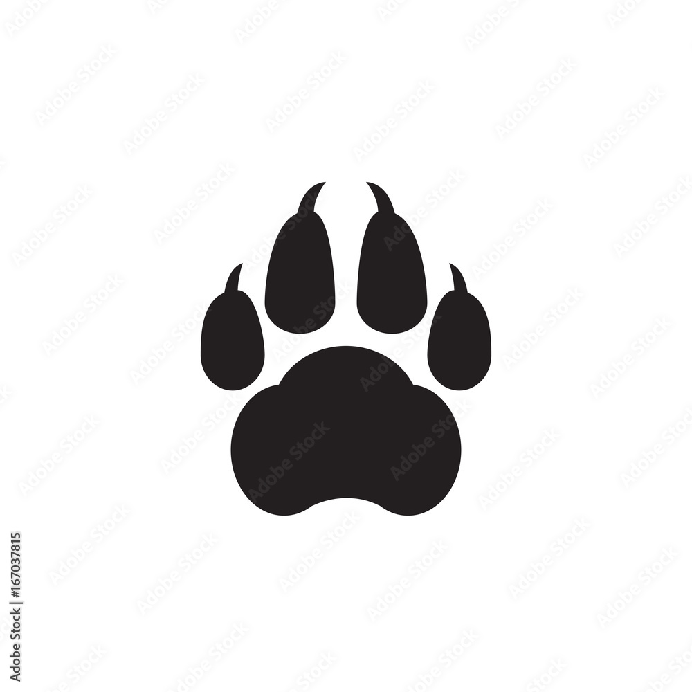 Black print of a dog's paw on a white background. Vector illustration. Black print of a dog's paw on a white background. Vector illustration.