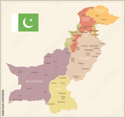 Pakistan - vintage map and flag - illustration