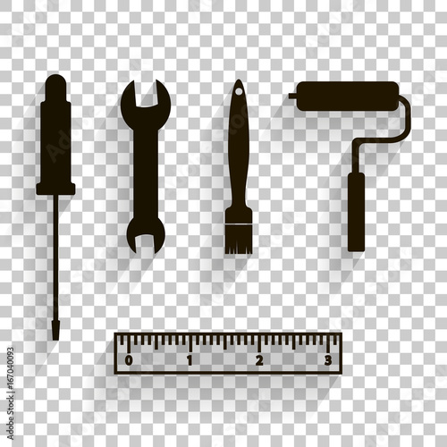 Vector icon image of a set for repair, for work. Brush, ruler, screwdriver, spanner, molar roller,Paint roller