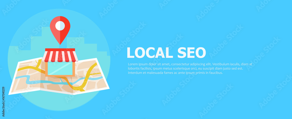 Naklejka premium Local seo banner, Map and shop in realistic view. 