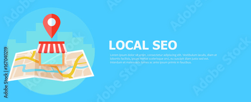 Local seo banner, Map and shop in realistic view. 