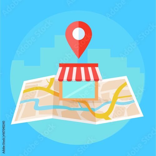 Local seo banner, Map and shop in realistic view. 