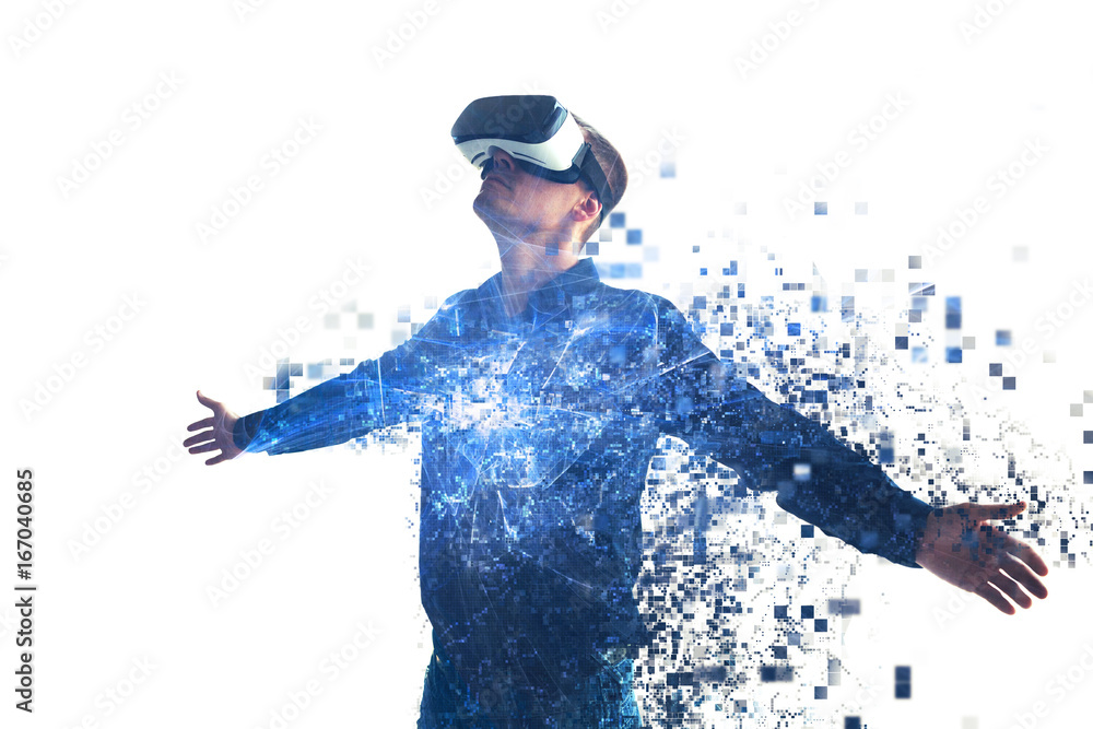 A person in virtual glasses flies to pixels. The man with glasses of virtual reality. Future technology concept. Modern imaging technology.