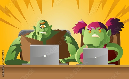 male and female internet trolls using computers