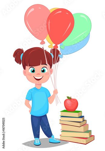 Cute girl in casual clothes with helium balloons standing near stack of books. Pretty little schoolgirl.