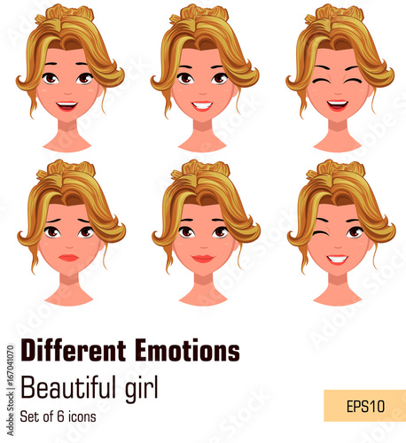 Woman with different face expressions. Young attractive blonde girl with various emotions